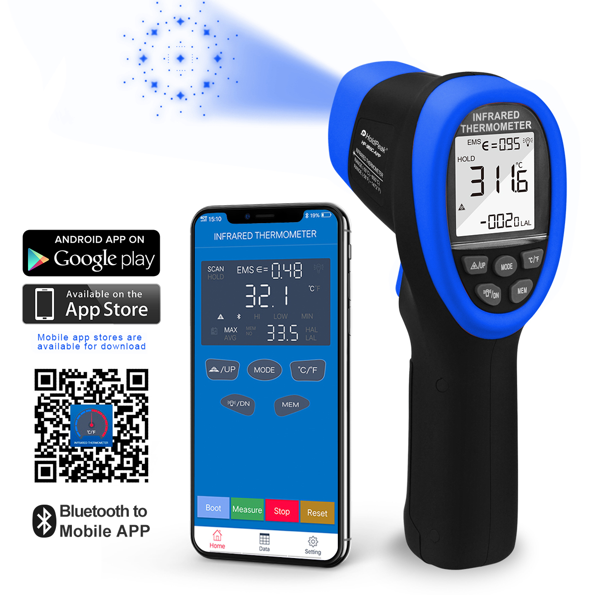 Industrial Laser Temperature Gun - HoldPeak IR Thermometer Gun -50°C~800°C Non-Contact