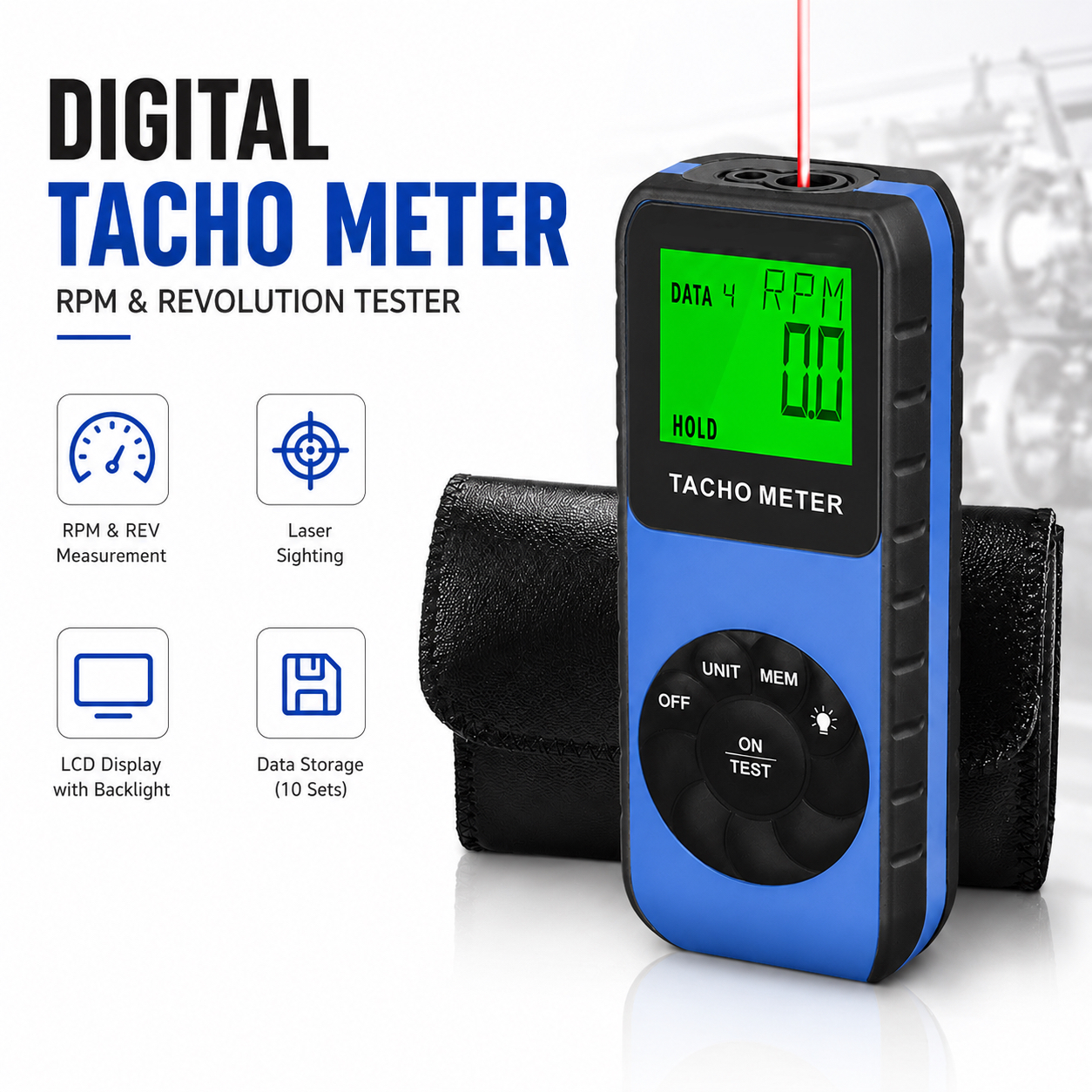 Industrial Laser Tachometer - Non-Contact Laser Tachometer, Digital RPM Gauge