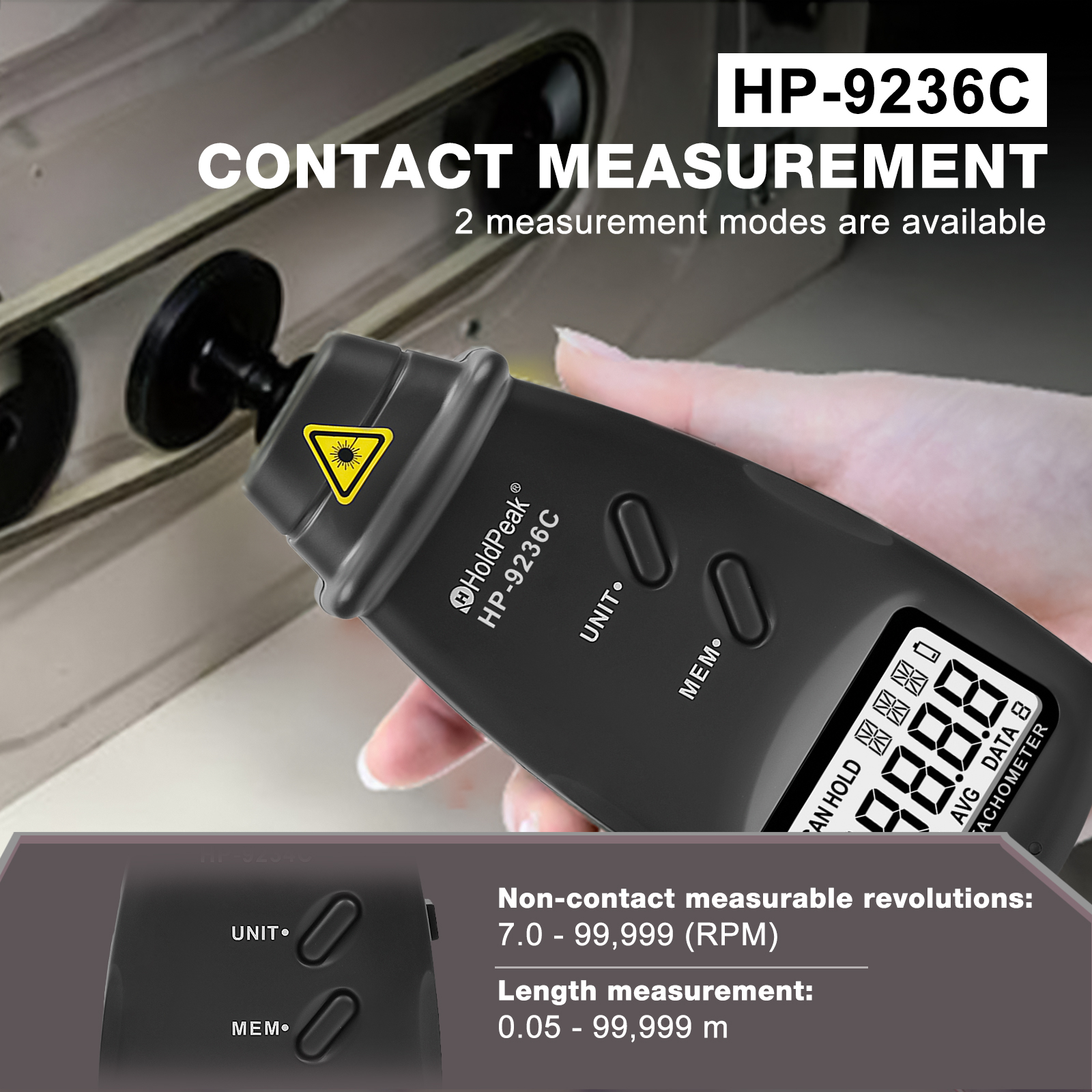 Industrial Laser Tachometer - HP-9236C Digital Tachometer, 2-in-1 Contact &
